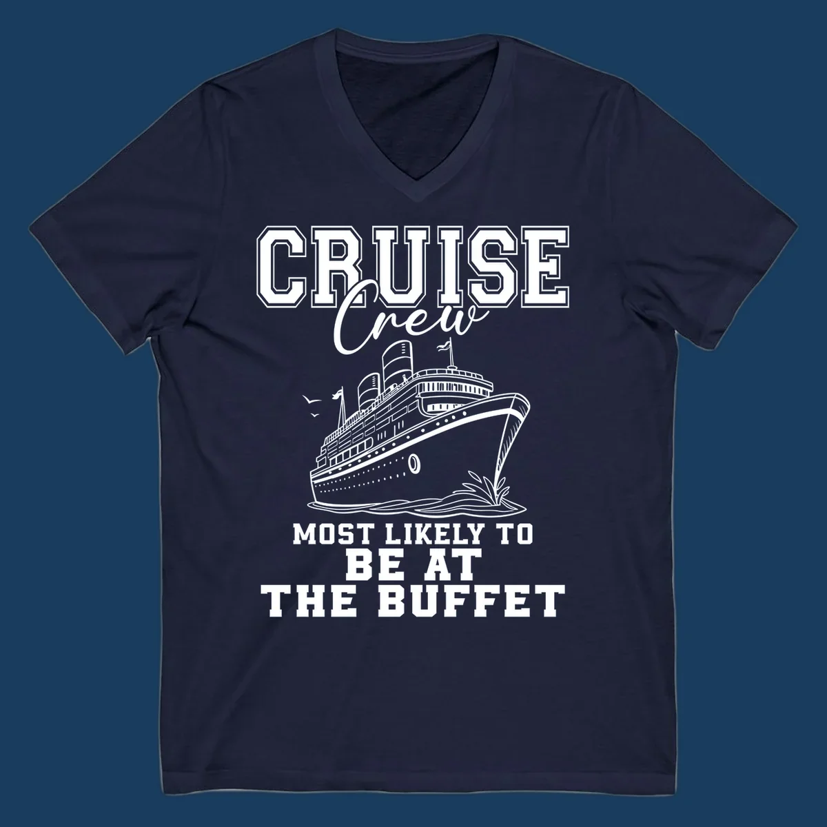 Cruise crew most likely to be at the buffet text with cruise ship illustration.