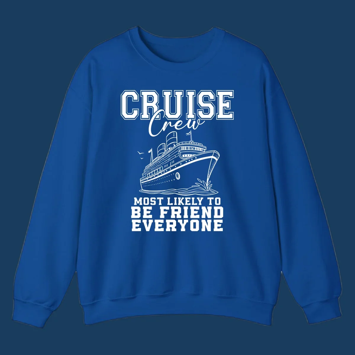 Cruise crew most likely to be friend everyone text and illustration of a cruise ship.