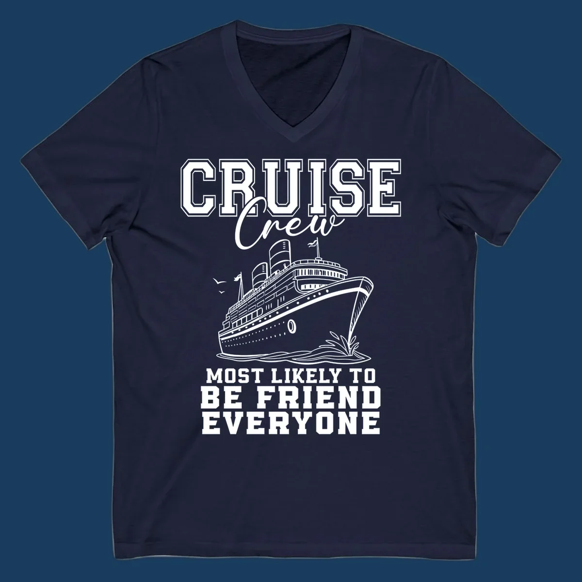 Cruise crew most likely to be friend everyone text and illustration of a cruise ship.