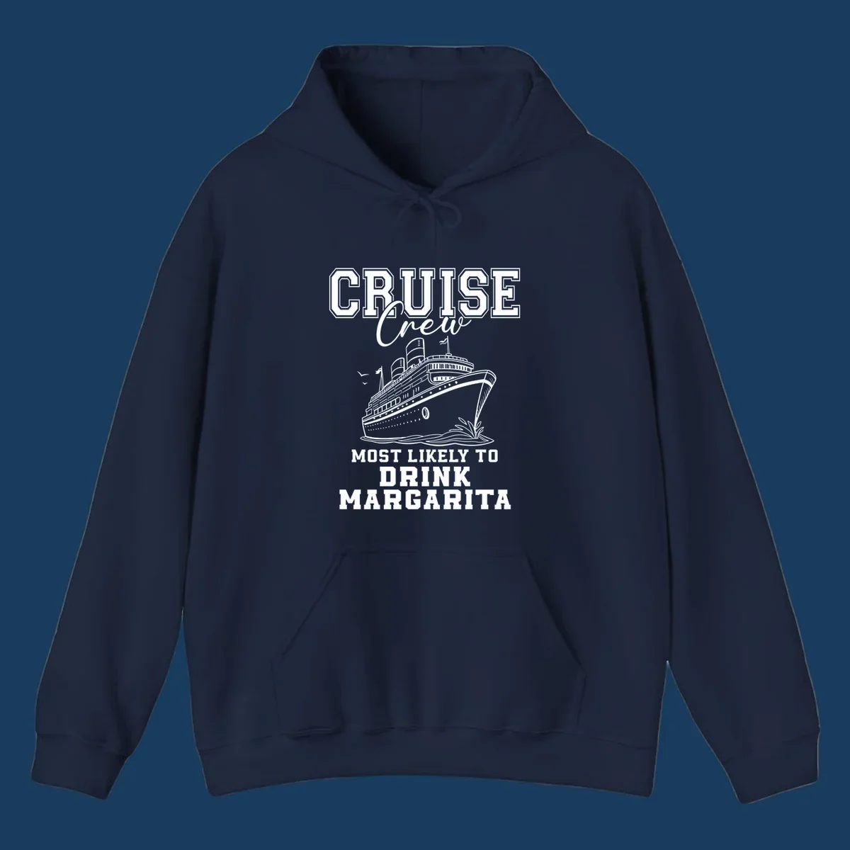 Cruise crew design with a ship and text about drinking margaritas.