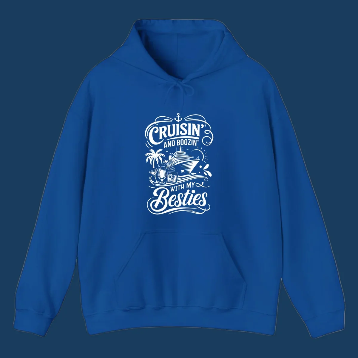 Cruisin and Boozin With My Besties text and cruise ship graphic. Primary keyword: cruisin-boozin-besties