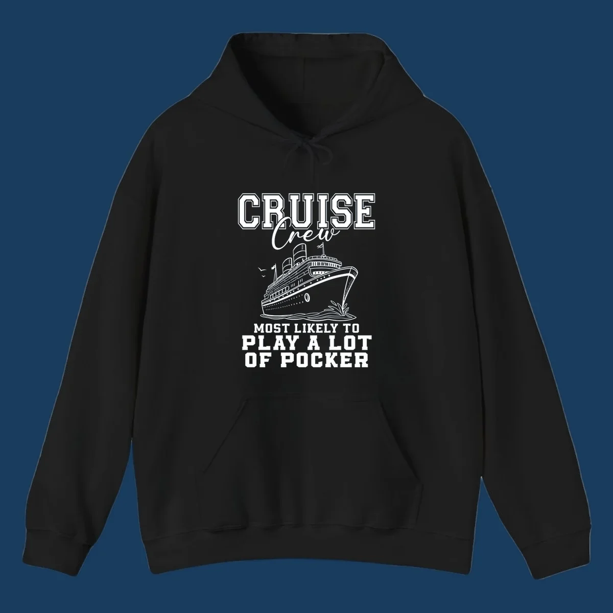 Cruise crew most likely to play poker text with a graphic of a cruise ship and birds.