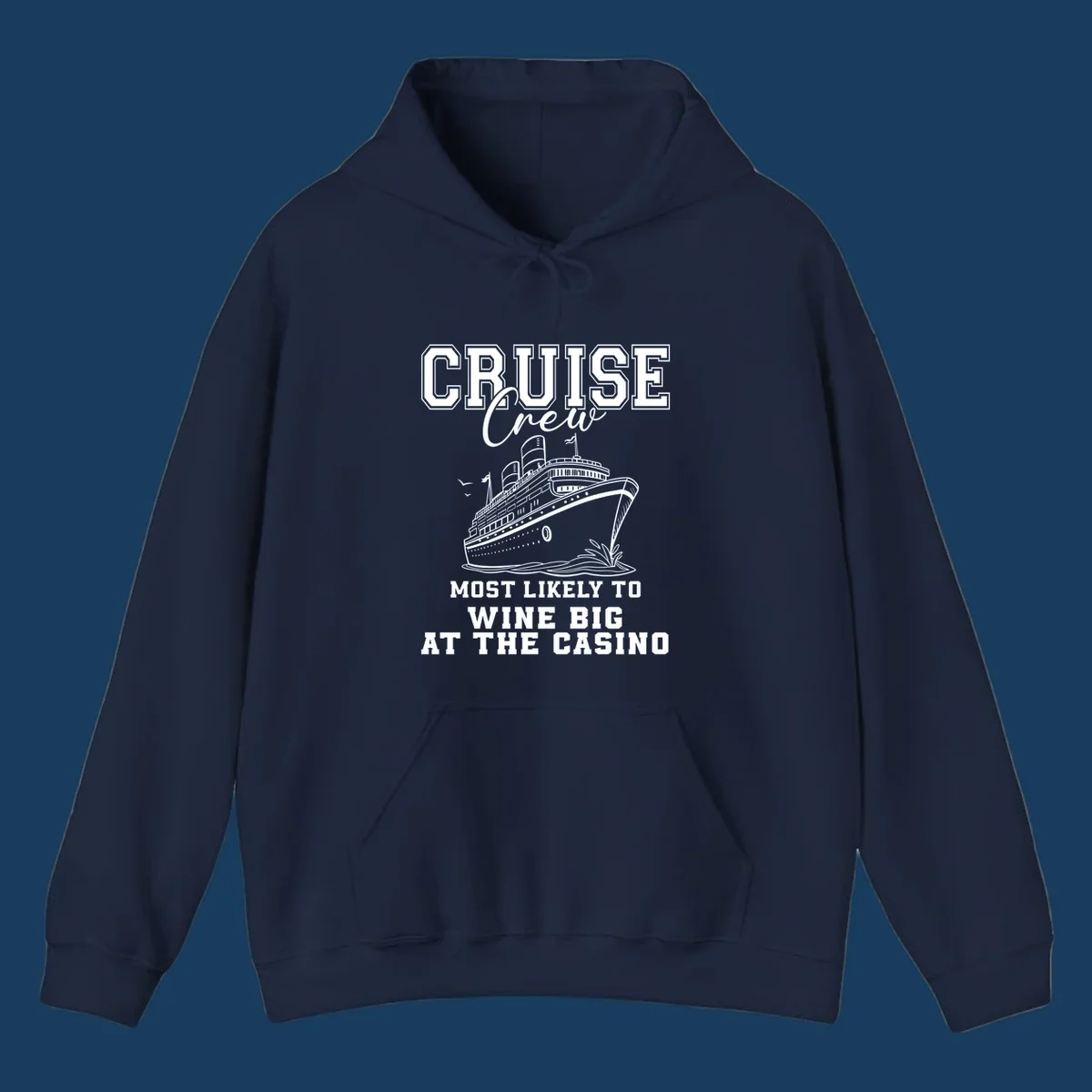 Cruise crew most likely to wine big at the casino text with cruise ship illustration.