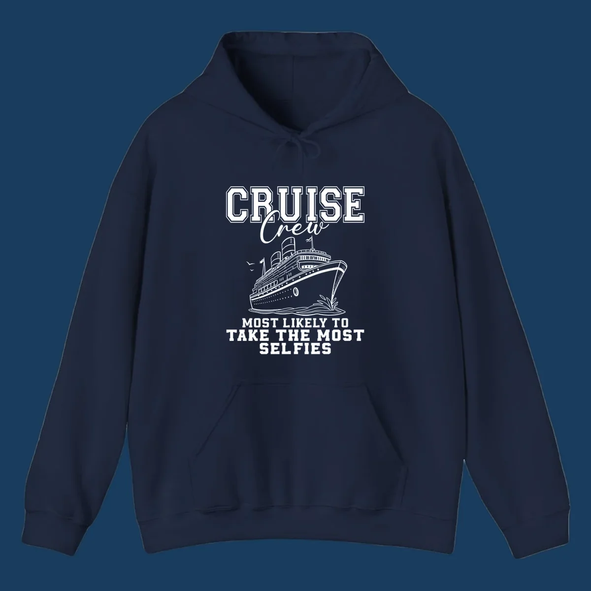 Cruise crew design with text about taking selfies and an illustration of a cruise ship.