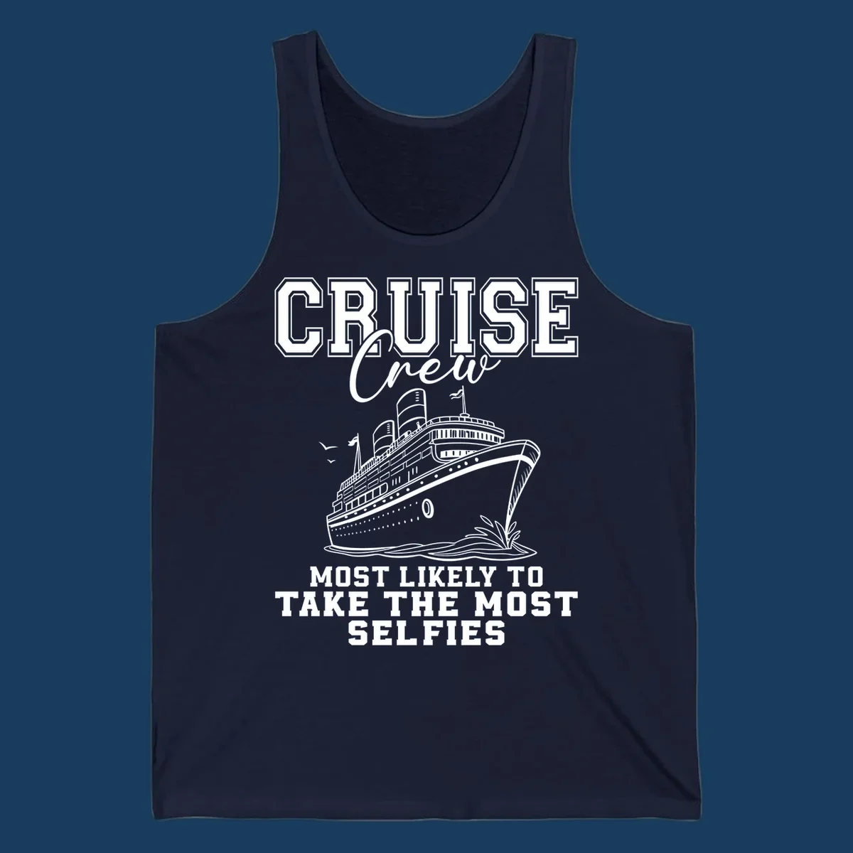 Cruise crew design with text about taking selfies and an illustration of a cruise ship.