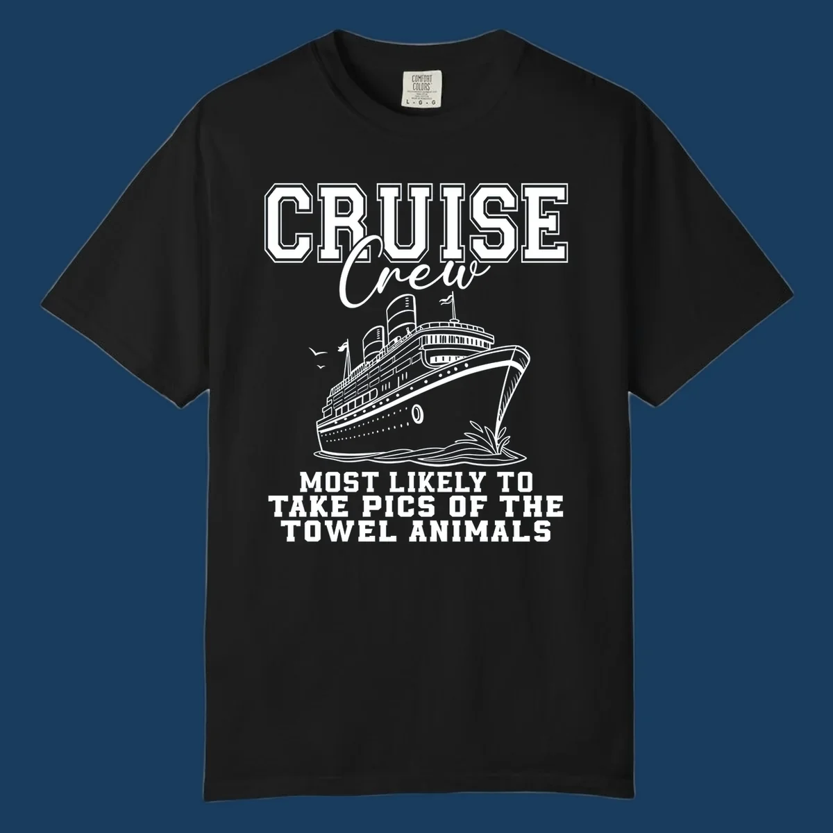 Cruise crew with text about taking pictures of towel animals, featuring a cruise ship illustration.