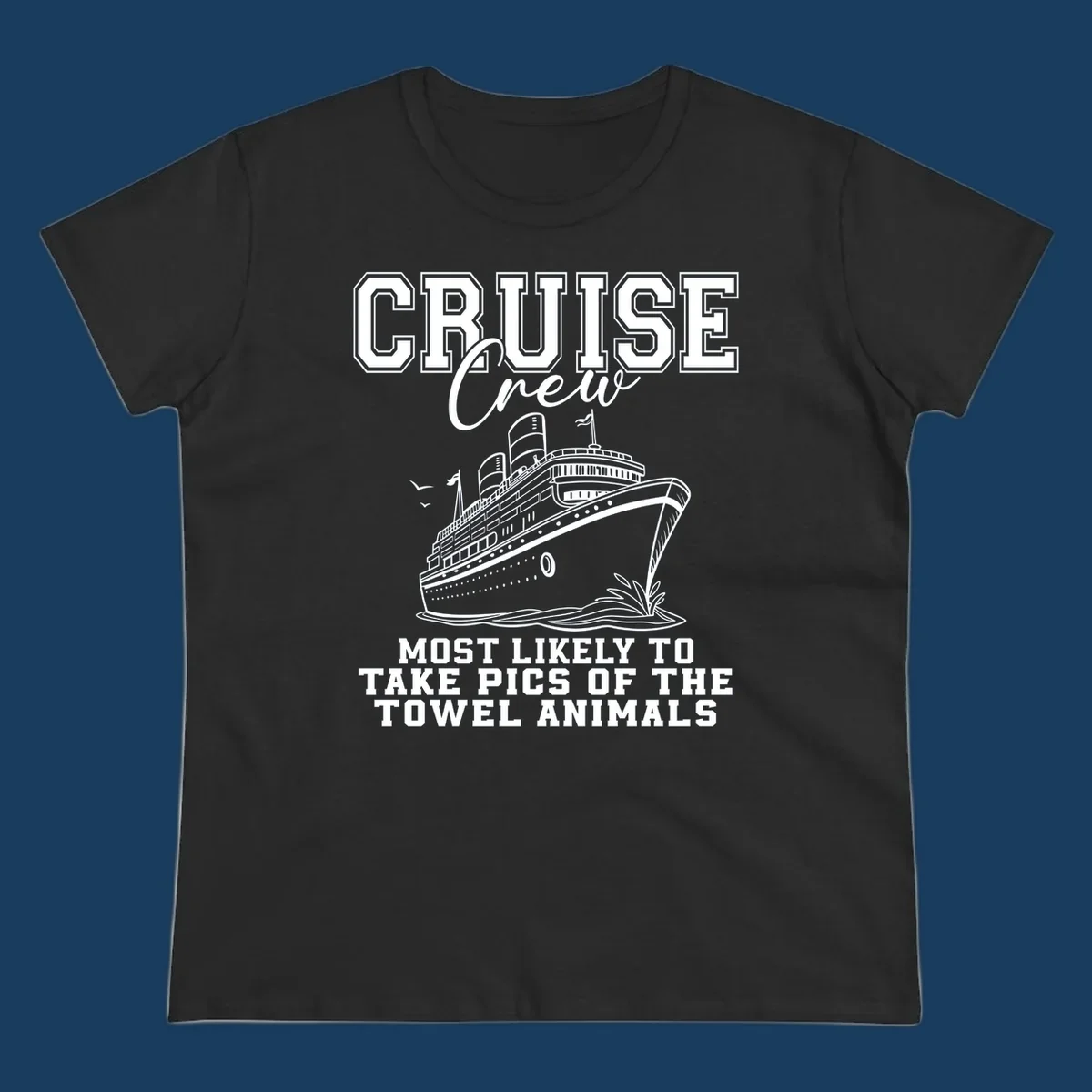 Cruise crew with text about taking pictures of towel animals, featuring a cruise ship illustration.