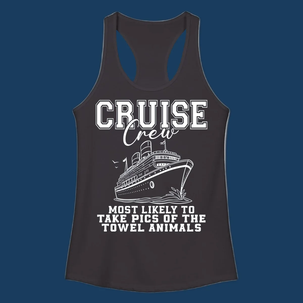 Cruise crew with text about taking pictures of towel animals, featuring a cruise ship illustration.