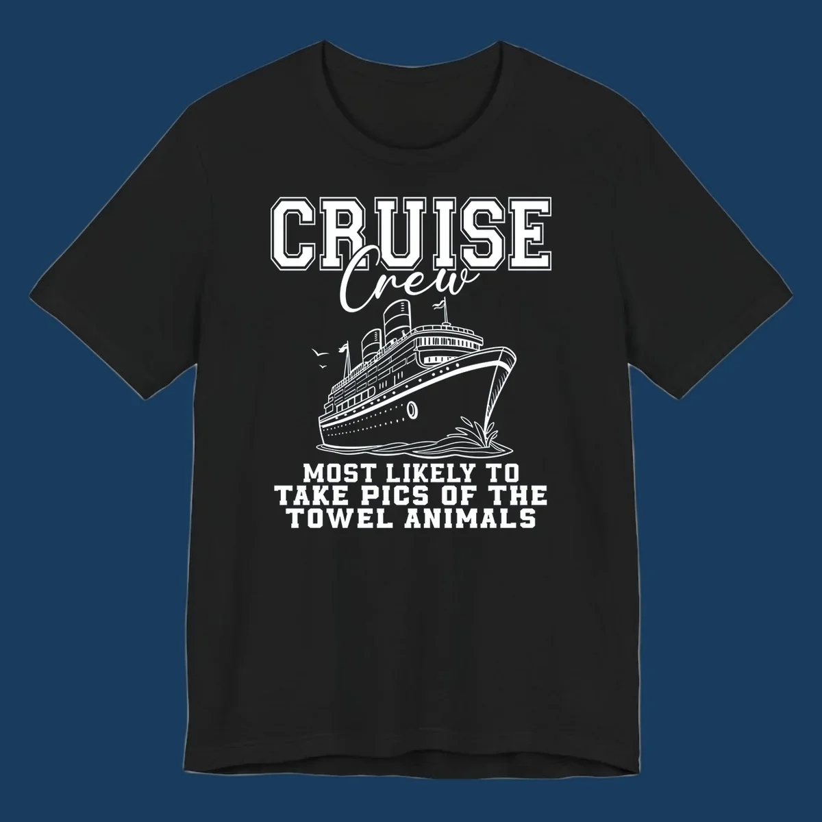 Cruise crew with text about taking pictures of towel animals, featuring a cruise ship illustration.
