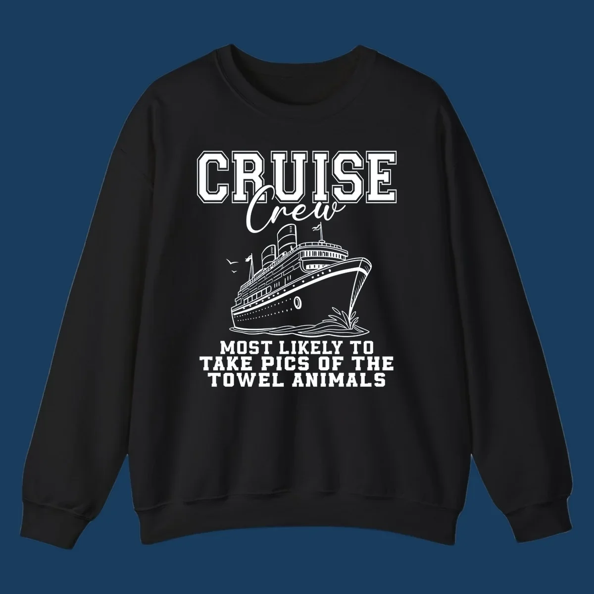 Cruise crew with text about taking pictures of towel animals, featuring a cruise ship illustration.