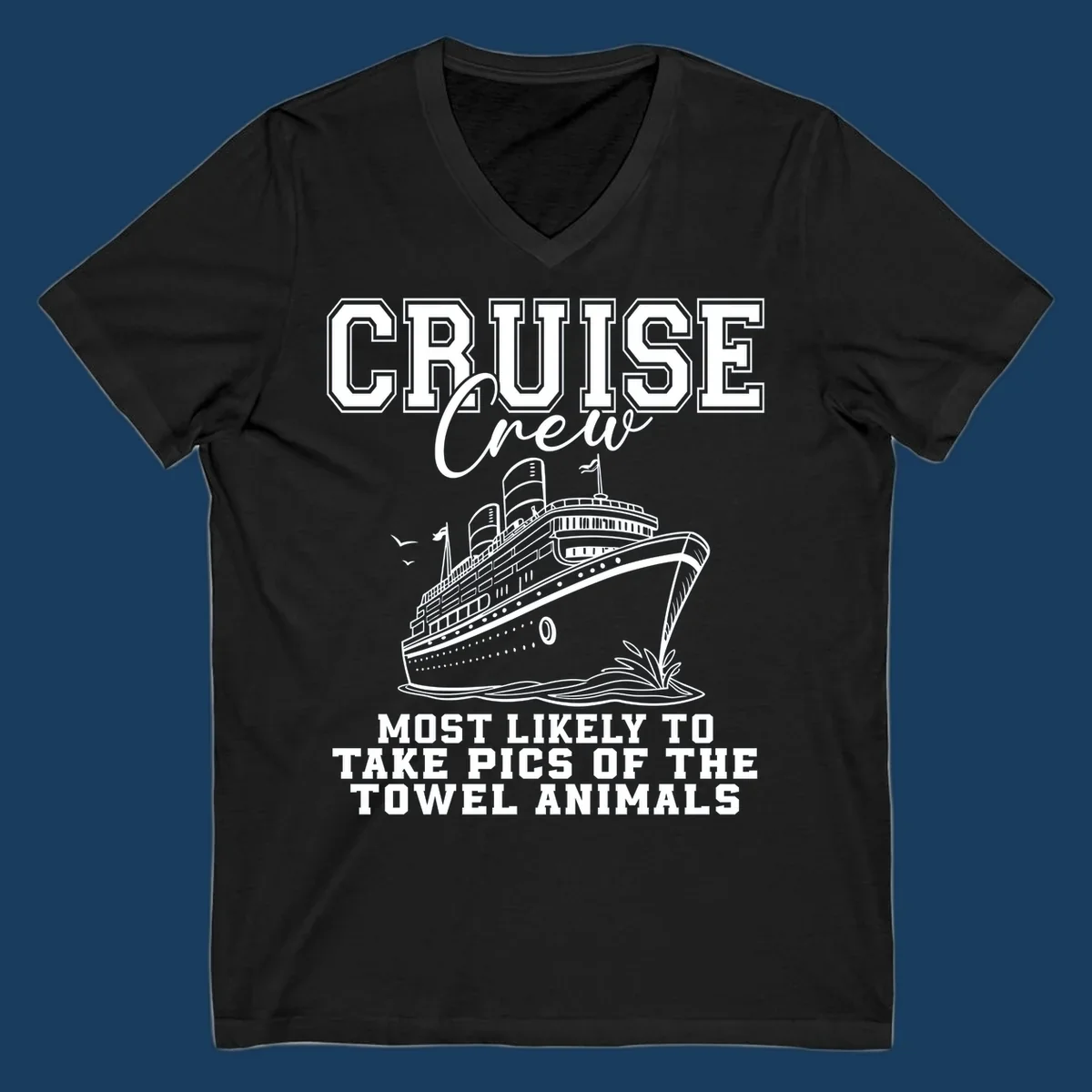 Cruise crew with text about taking pictures of towel animals, featuring a cruise ship illustration.