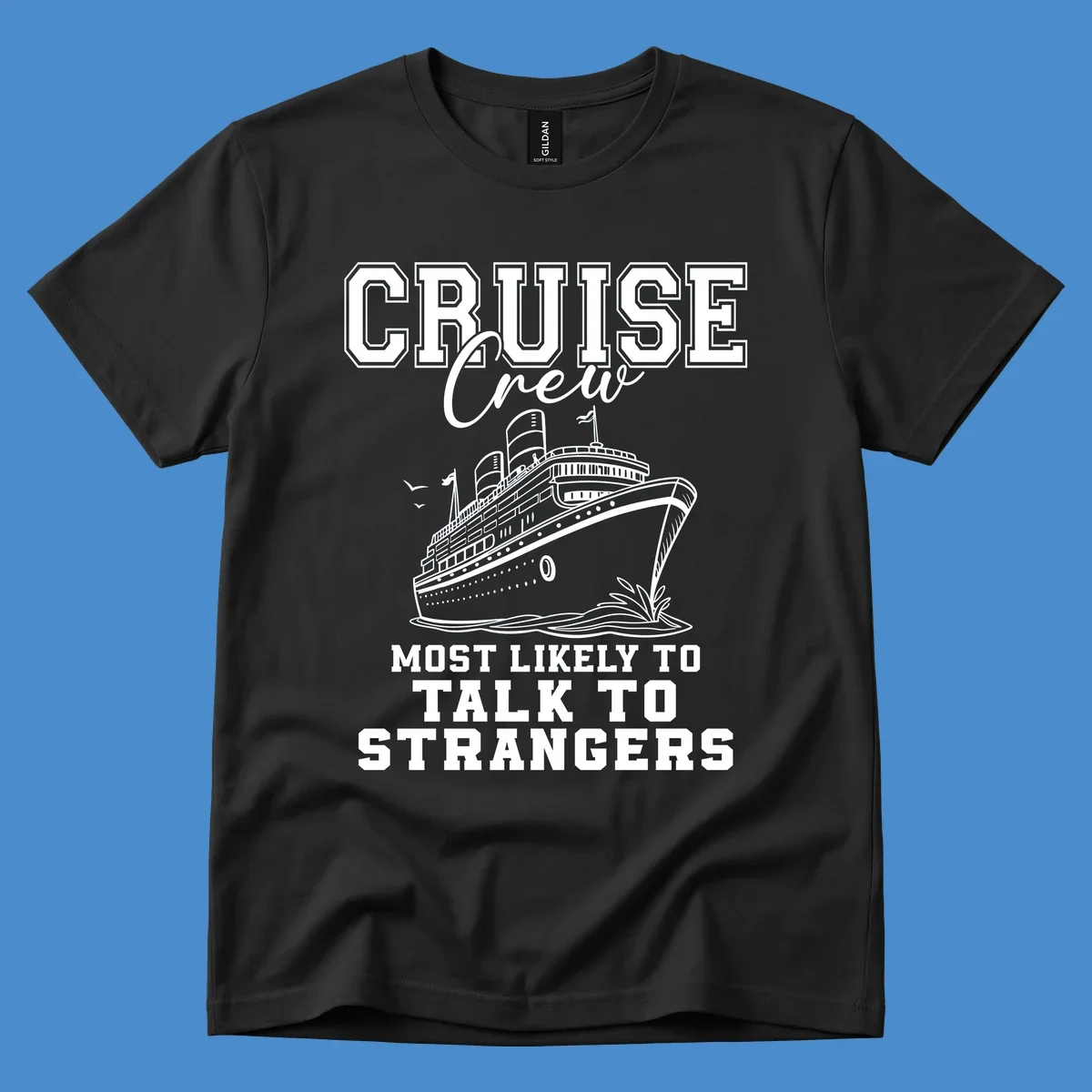 Cruise crew most likely to talk to strangers text with a cruise ship illustration.