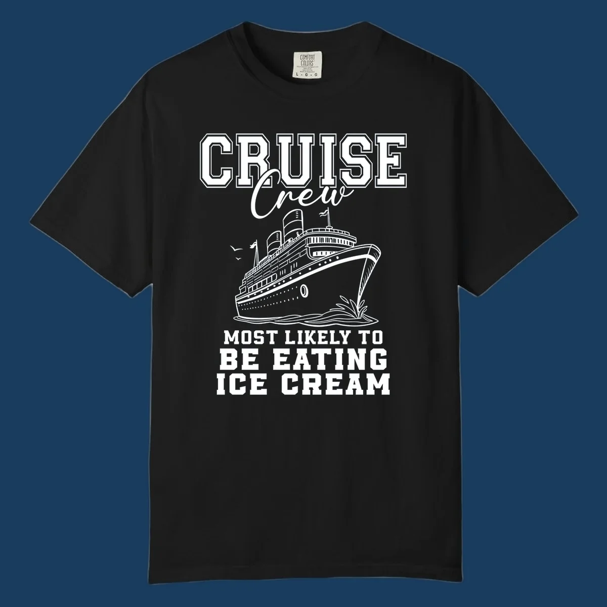 Cruise crew eating ice cream design with a cruise ship illustration.