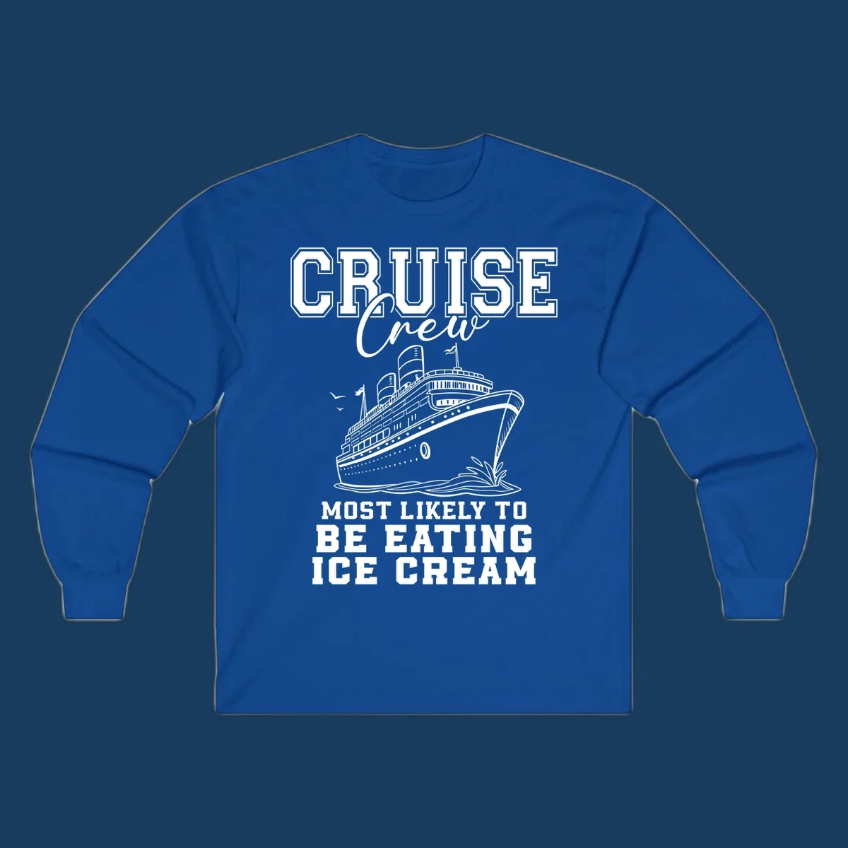 Cruise crew eating ice cream design with a cruise ship illustration.