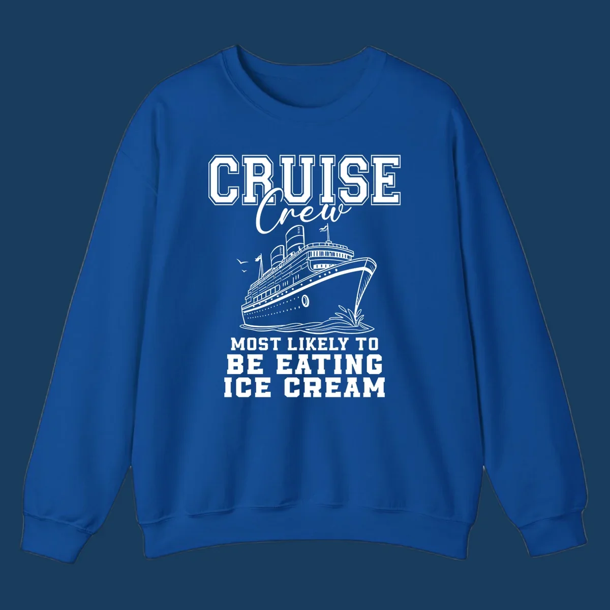 Cruise crew eating ice cream design with a cruise ship illustration.
