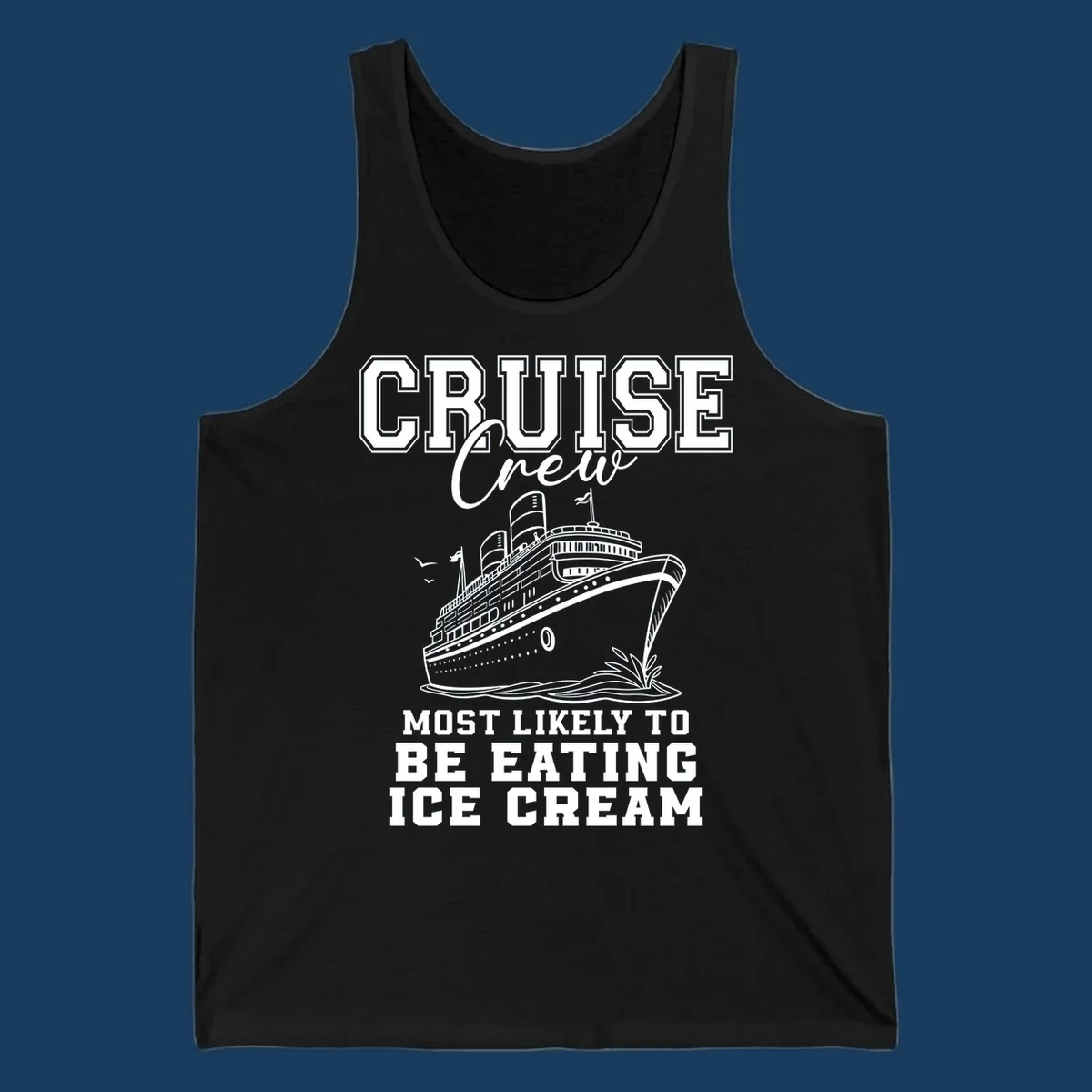 Cruise crew eating ice cream design with a cruise ship illustration.