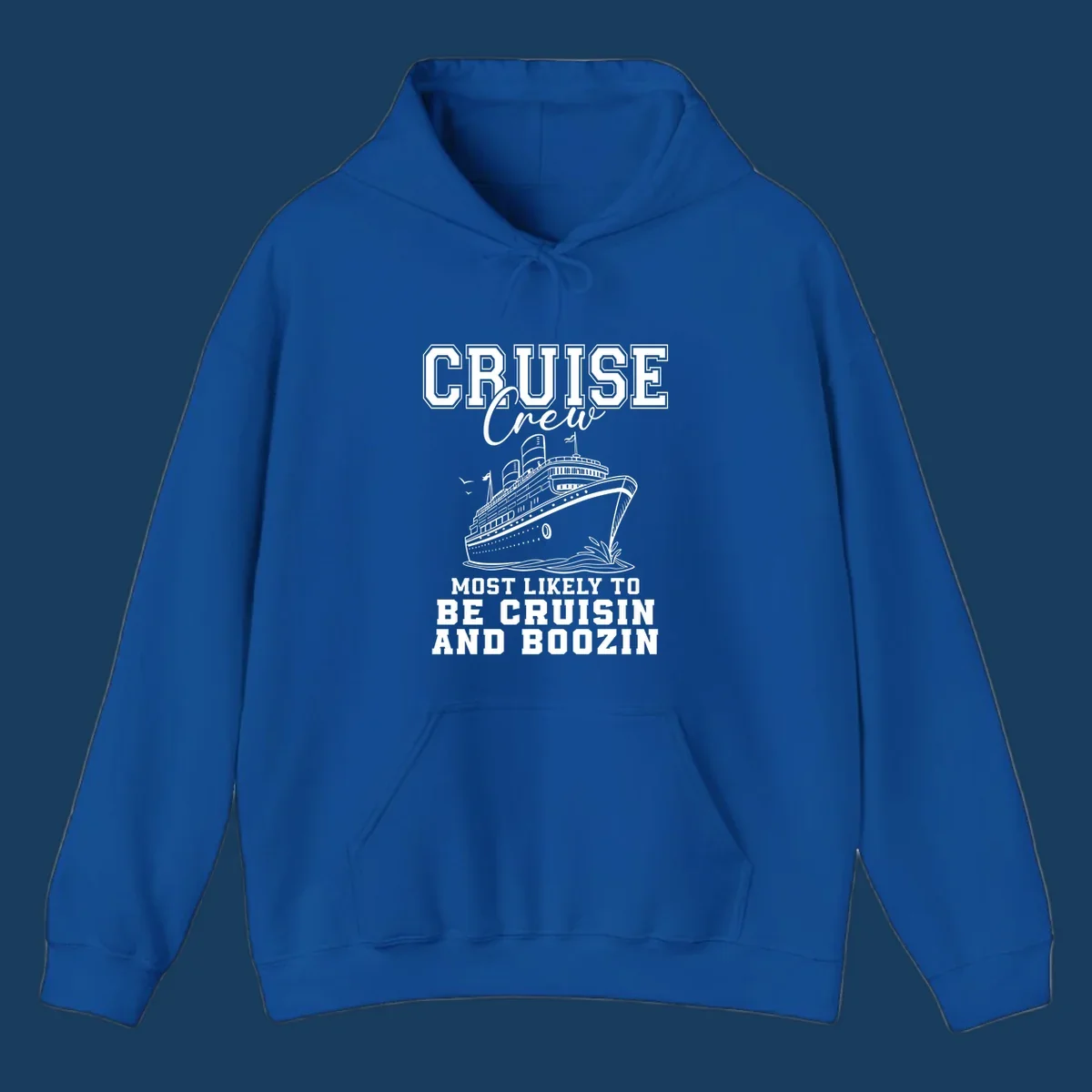 Cruise crew cruisin and boozin text with a cruise ship illustration.