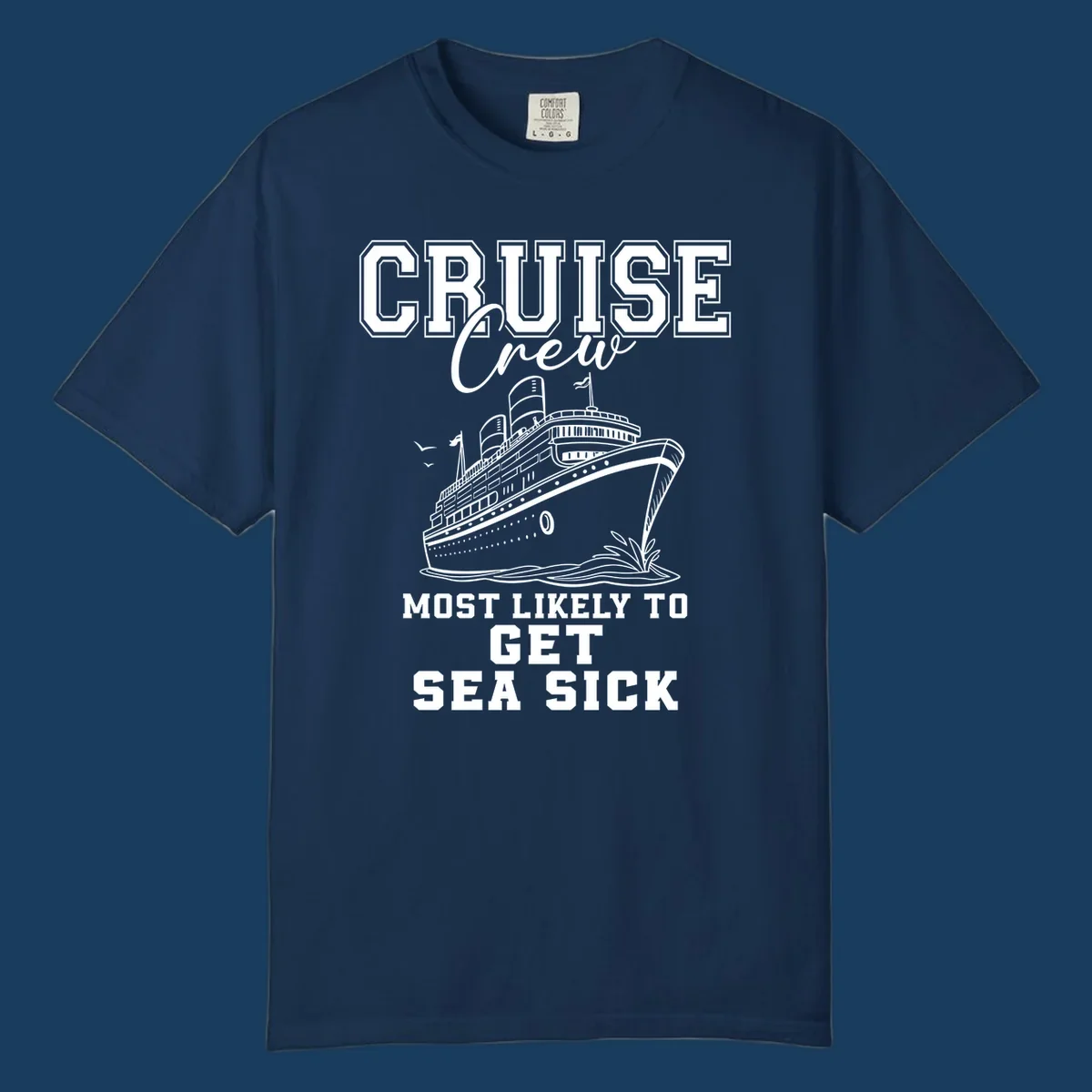 Cruise ship illustration with text 'Cruise Crew Most Likely To Get Sea Sick', for sea-sick-cruise-crew theme.