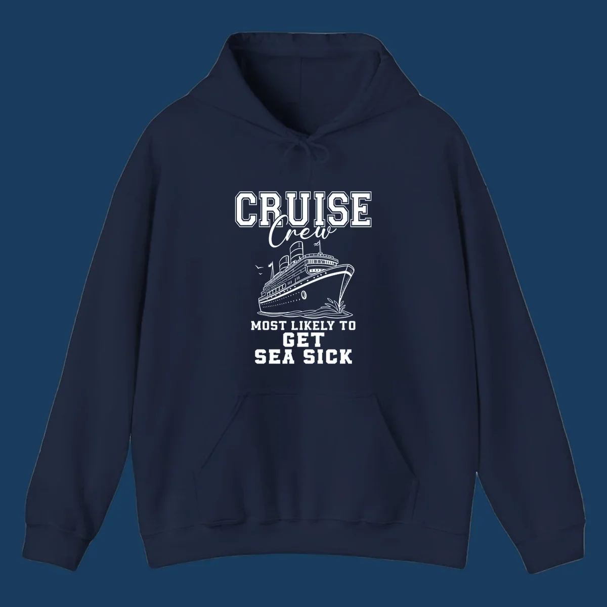 Cruise ship illustration with text 'Cruise Crew Most Likely To Get Sea Sick', for sea-sick-cruise-crew theme.