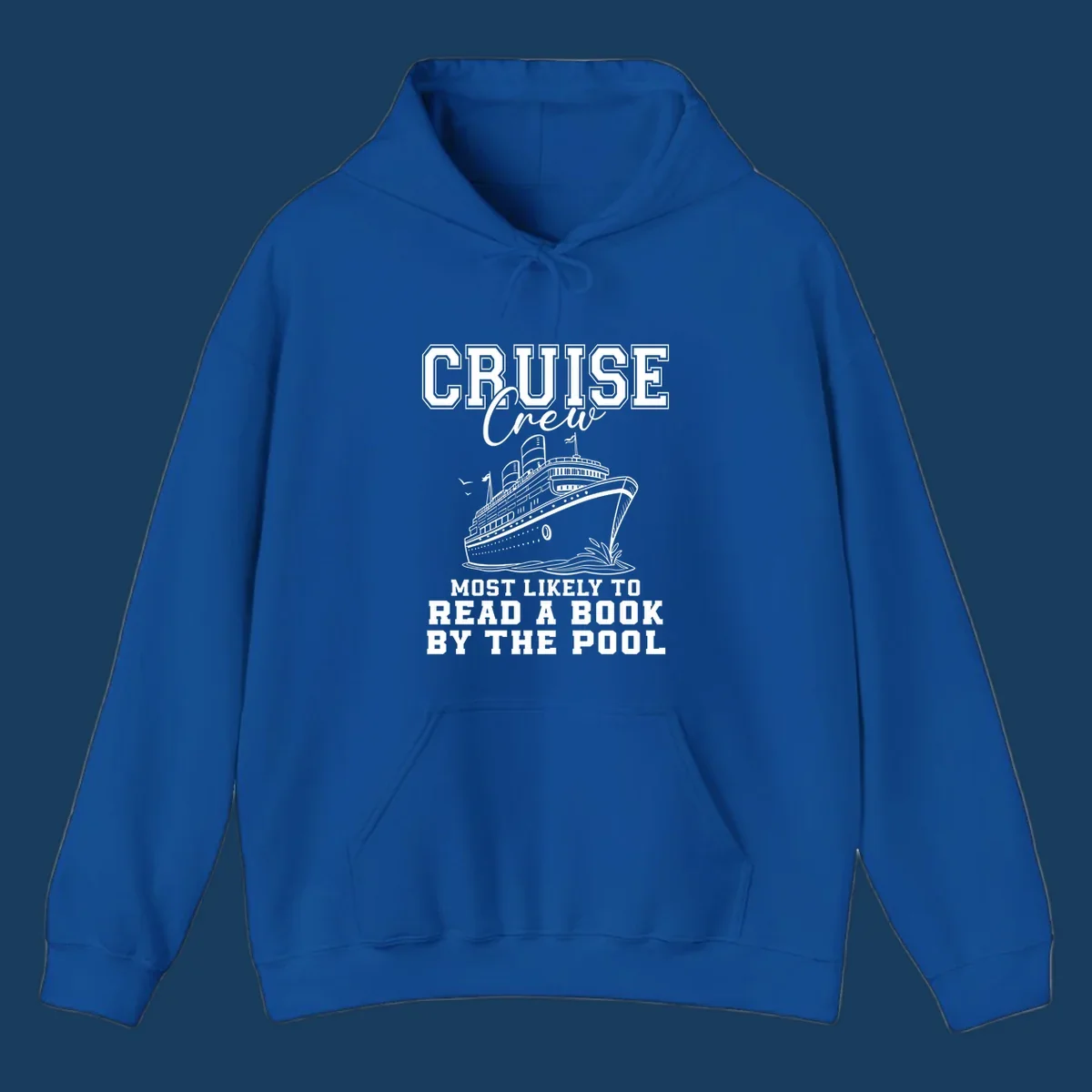 Cruise ship and text 'Cruise Crew Most Likely To Read A Book By The Pool'. Book lover cruise.