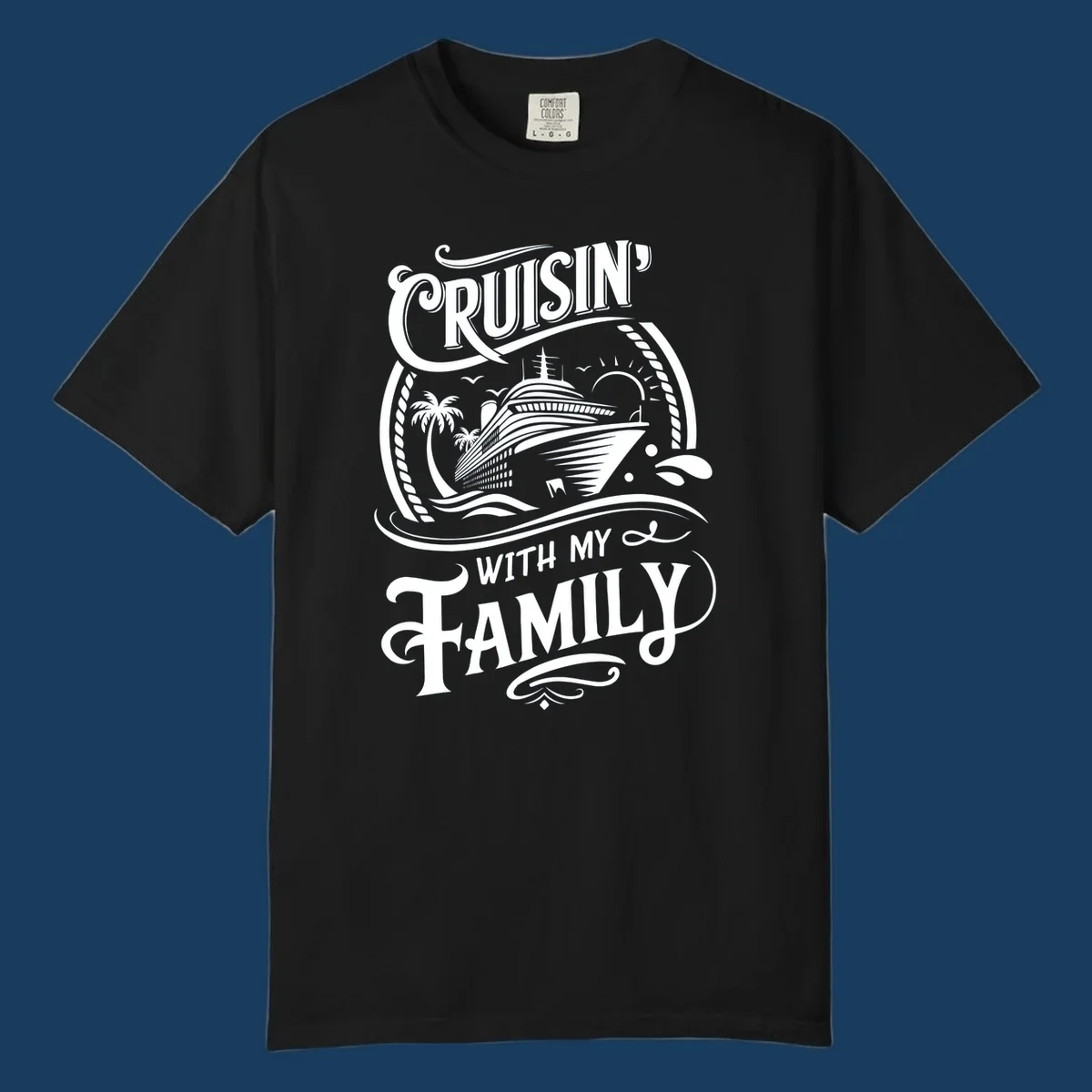 Cruisin with family text and cruise ship illustration on black background.