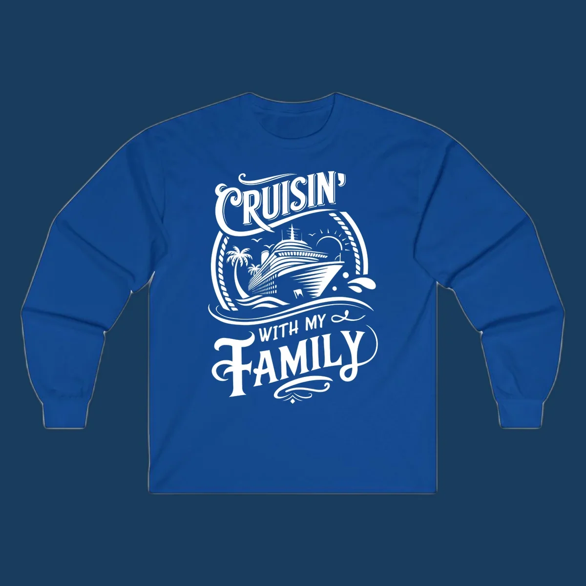 Cruisin with family text and cruise ship illustration on black background.