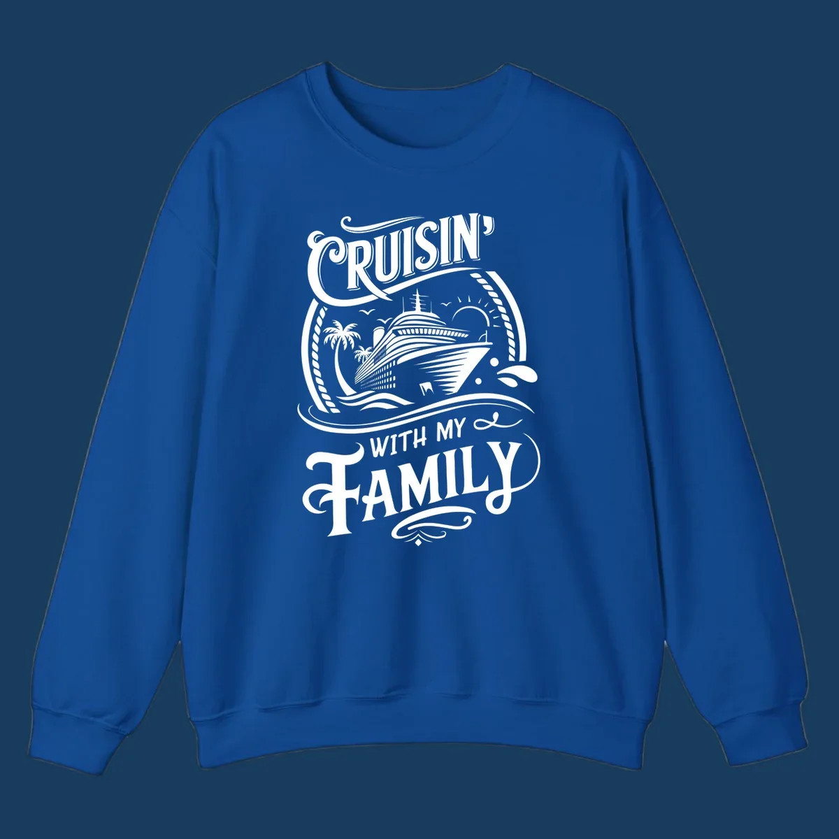 Cruisin with family text and cruise ship illustration on black background.