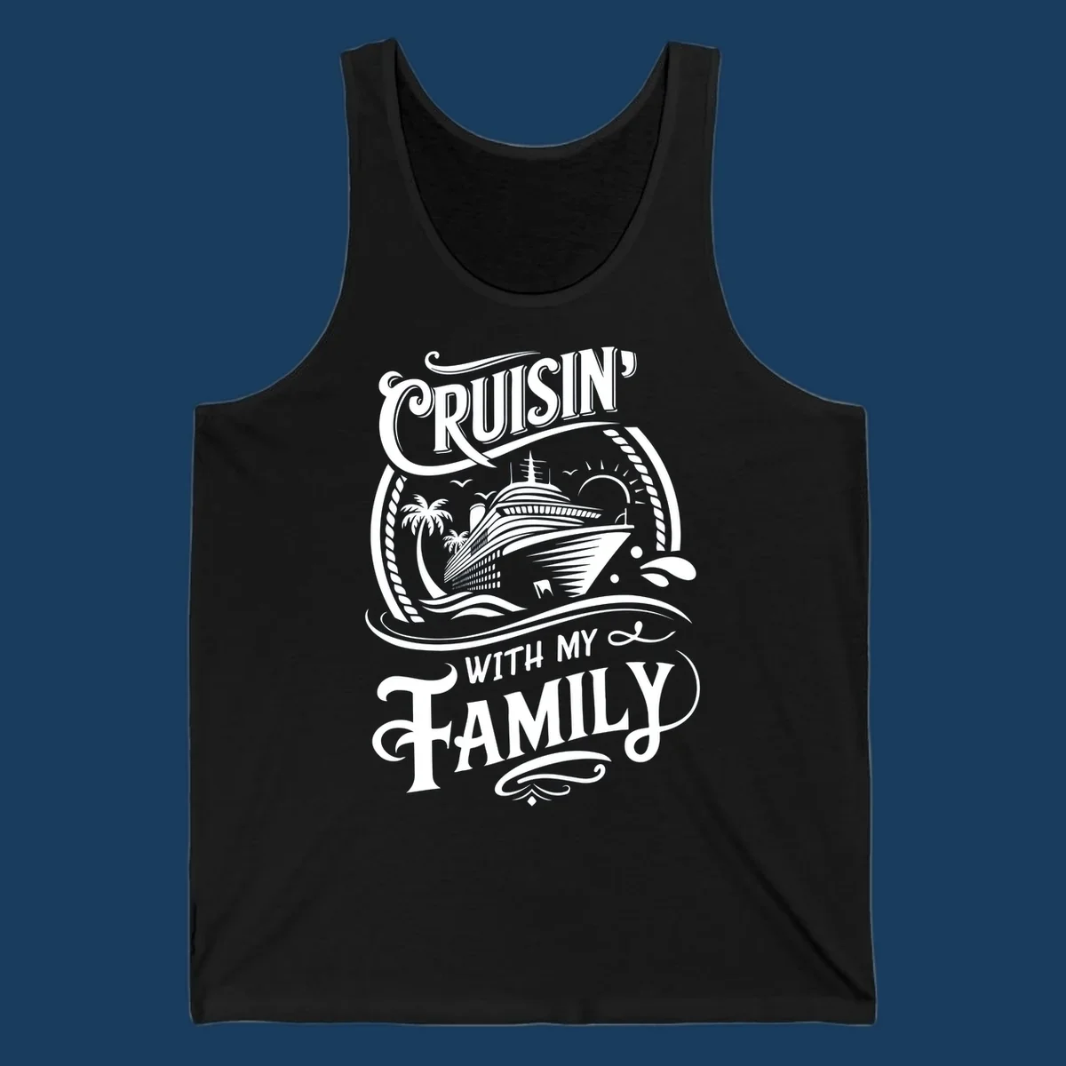 Cruisin with family text and cruise ship illustration on black background.