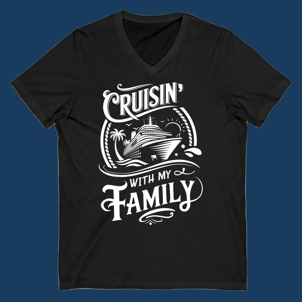 Cruisin with family text and cruise ship illustration on black background.