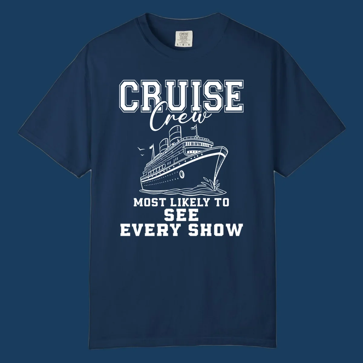 Cruise crew most likely to see every show text and illustration on a black background.