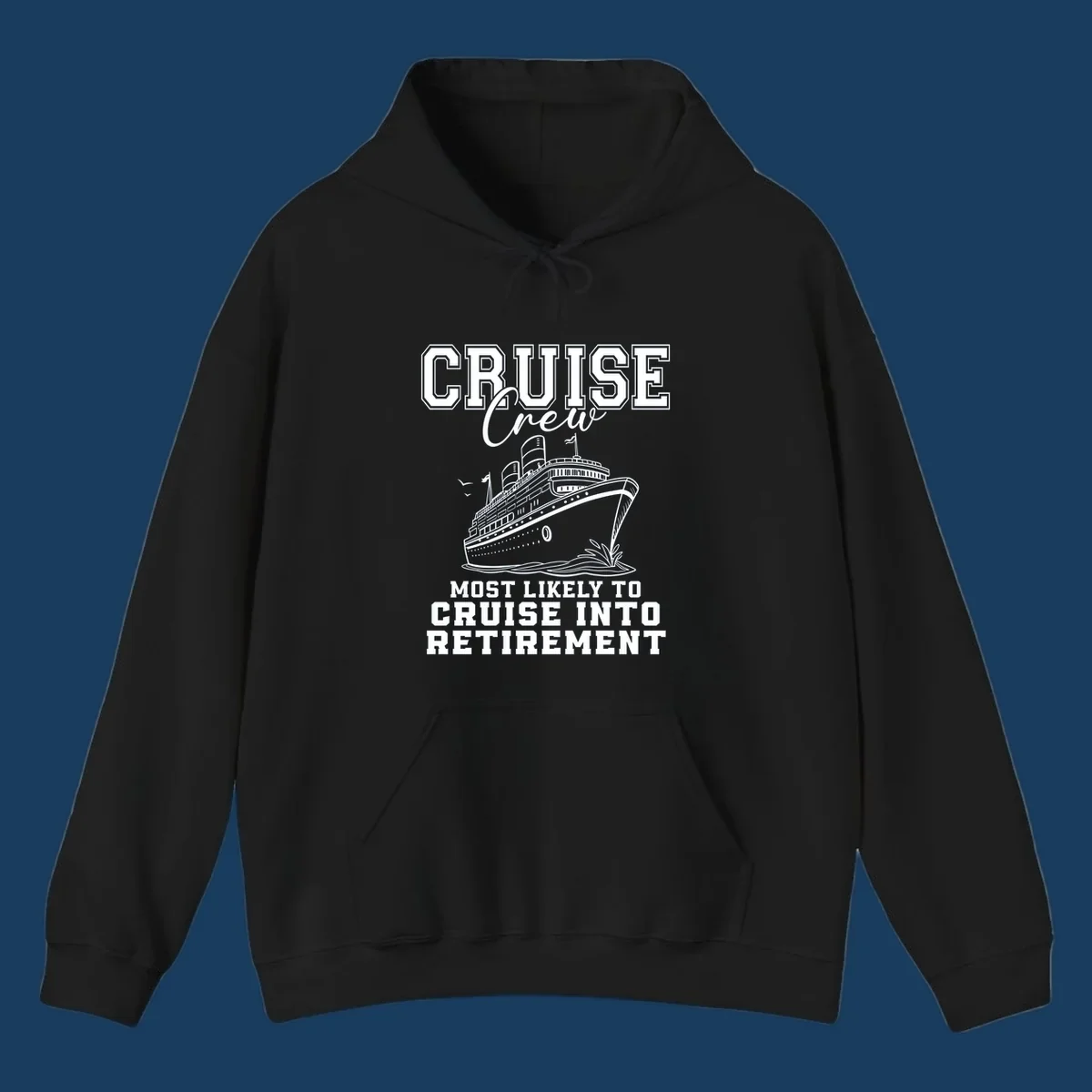Cruise ship illustration with text 'Cruise Crew Most Likely To Cruise Into Retirement'