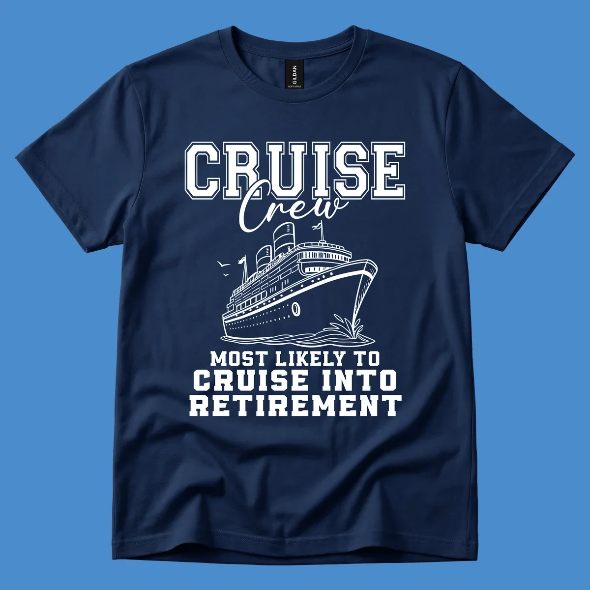 Cruise ship illustration with text 'Cruise Crew Most Likely To Cruise Into Retirement'