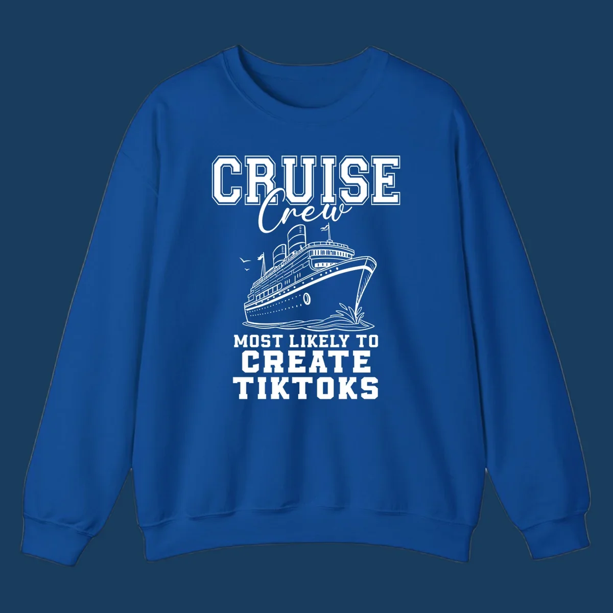 Cruise crew most likely to create tiktoks design with a cruise ship illustration and text.