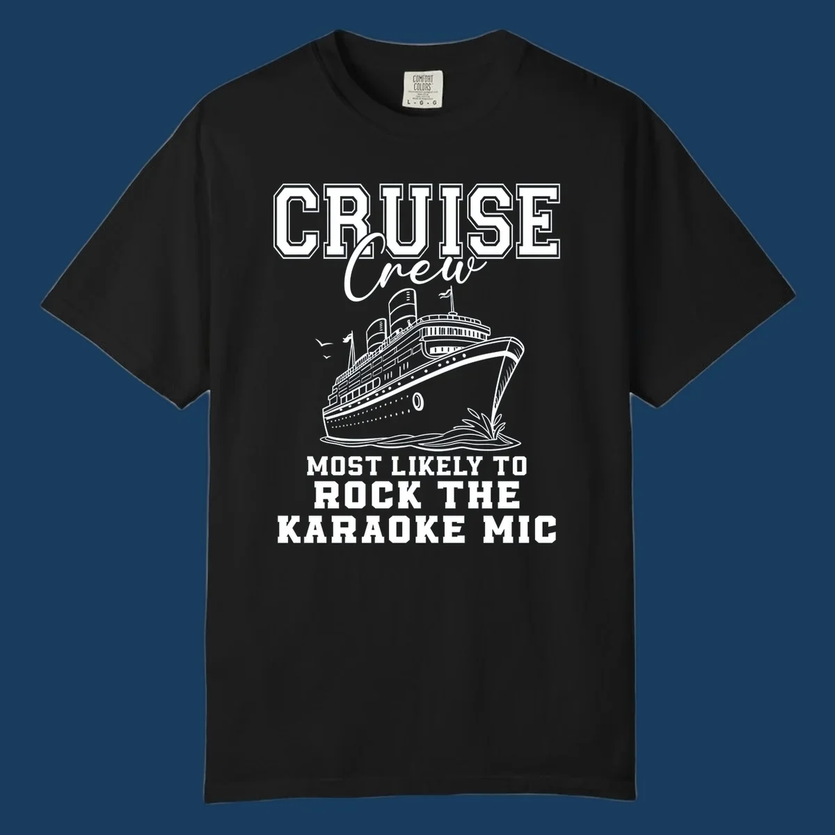Cruise crew rocking the karaoke mic illustration with a cruise ship.