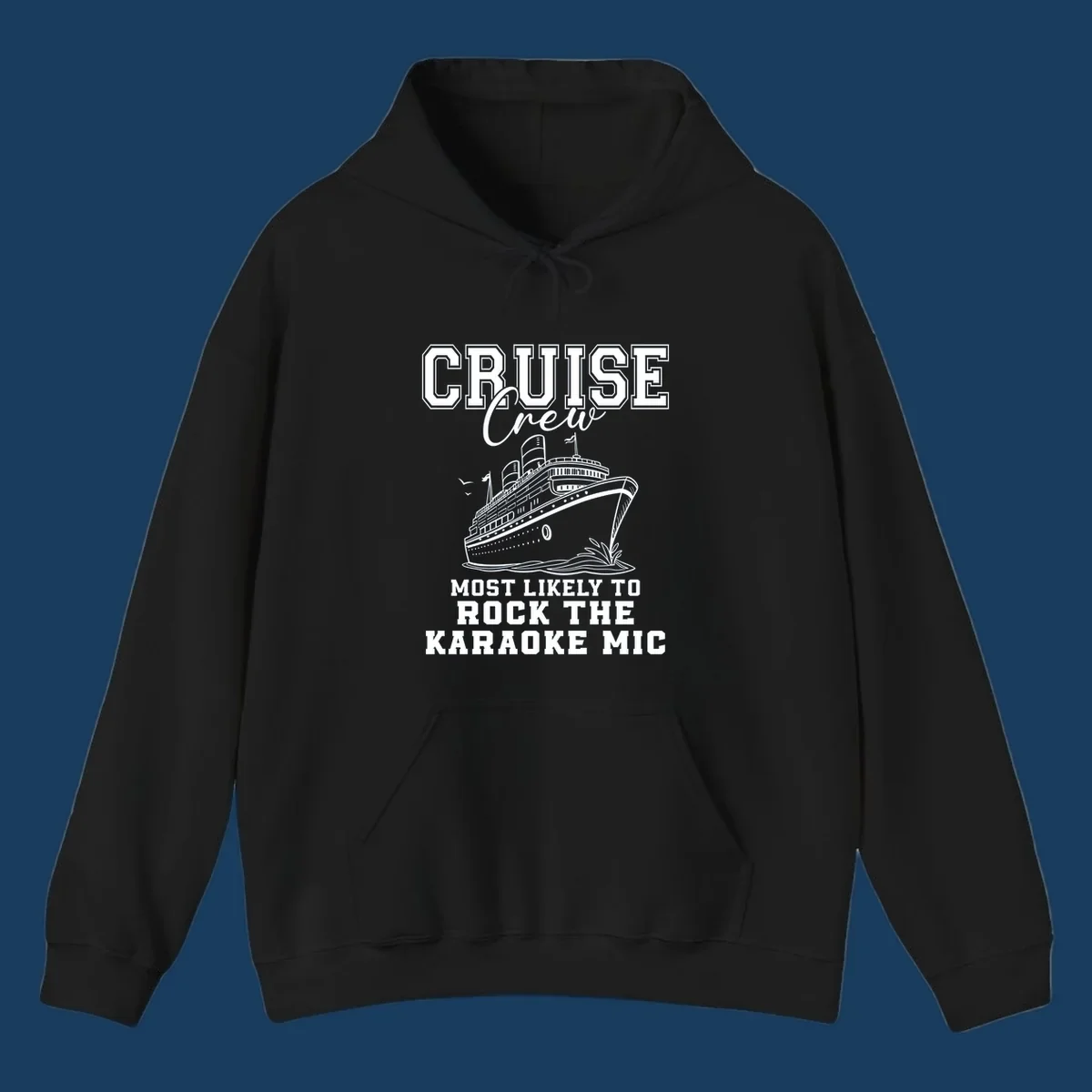 Cruise crew rocking the karaoke mic illustration with a cruise ship.