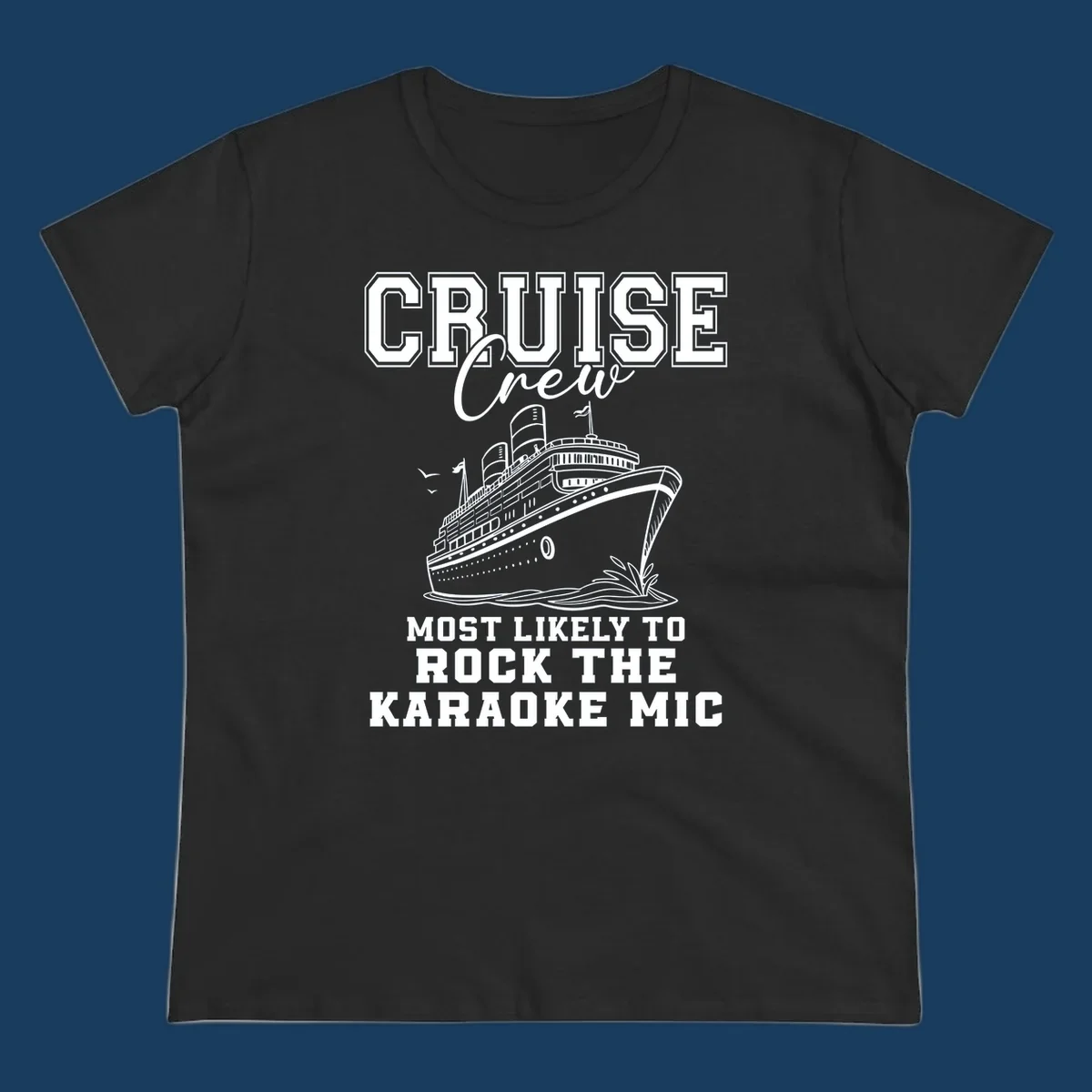 Cruise crew rocking the karaoke mic illustration with a cruise ship.