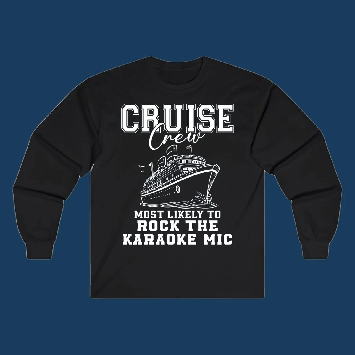 Cruise crew rocking the karaoke mic illustration with a cruise ship.
