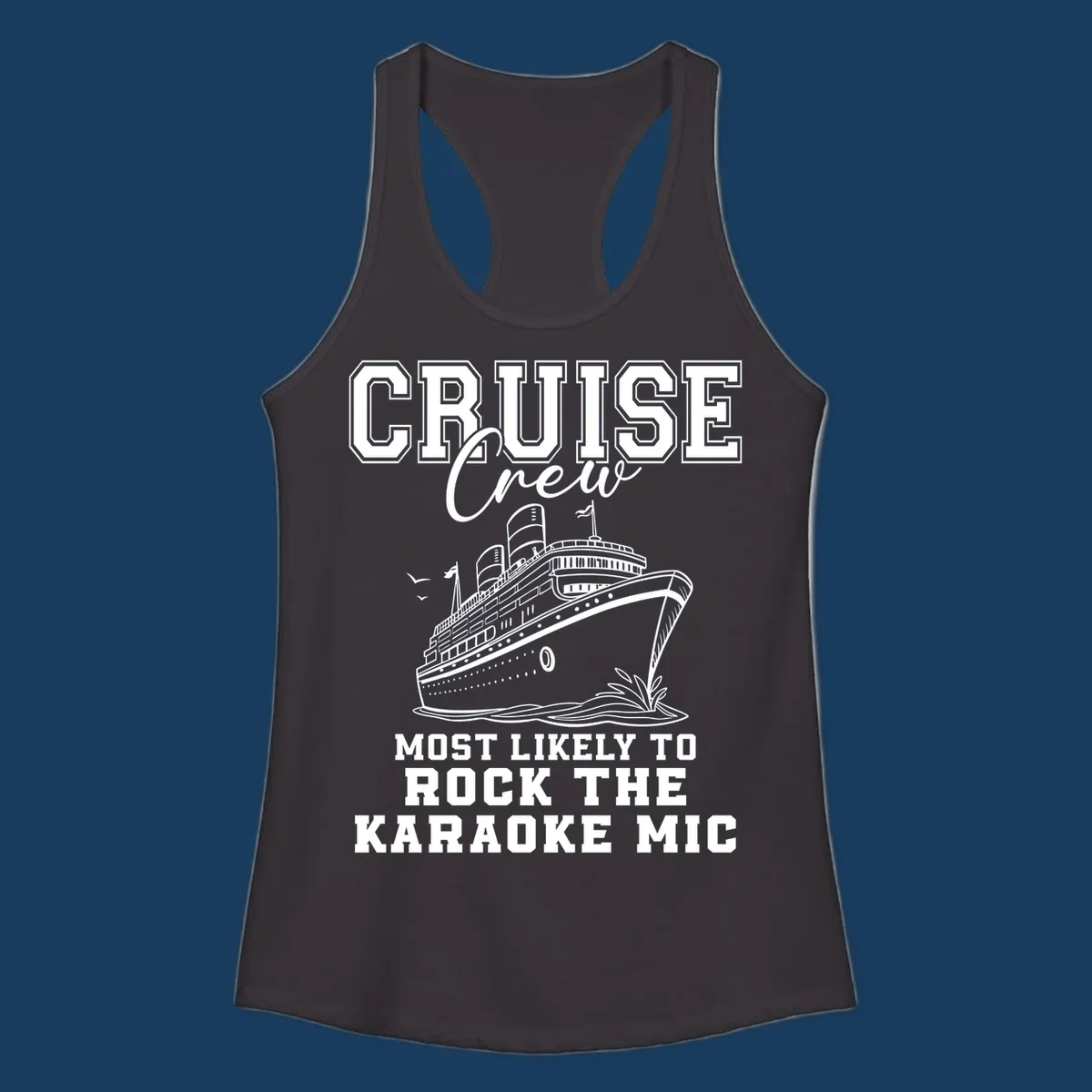 Cruise crew rocking the karaoke mic illustration with a cruise ship.