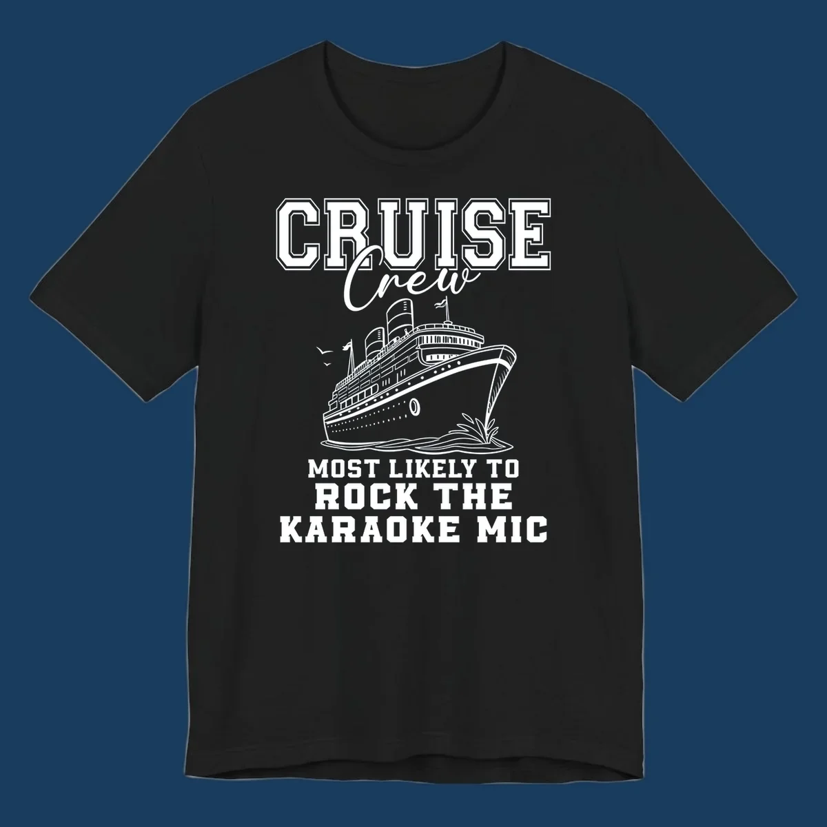 Cruise crew rocking the karaoke mic illustration with a cruise ship.