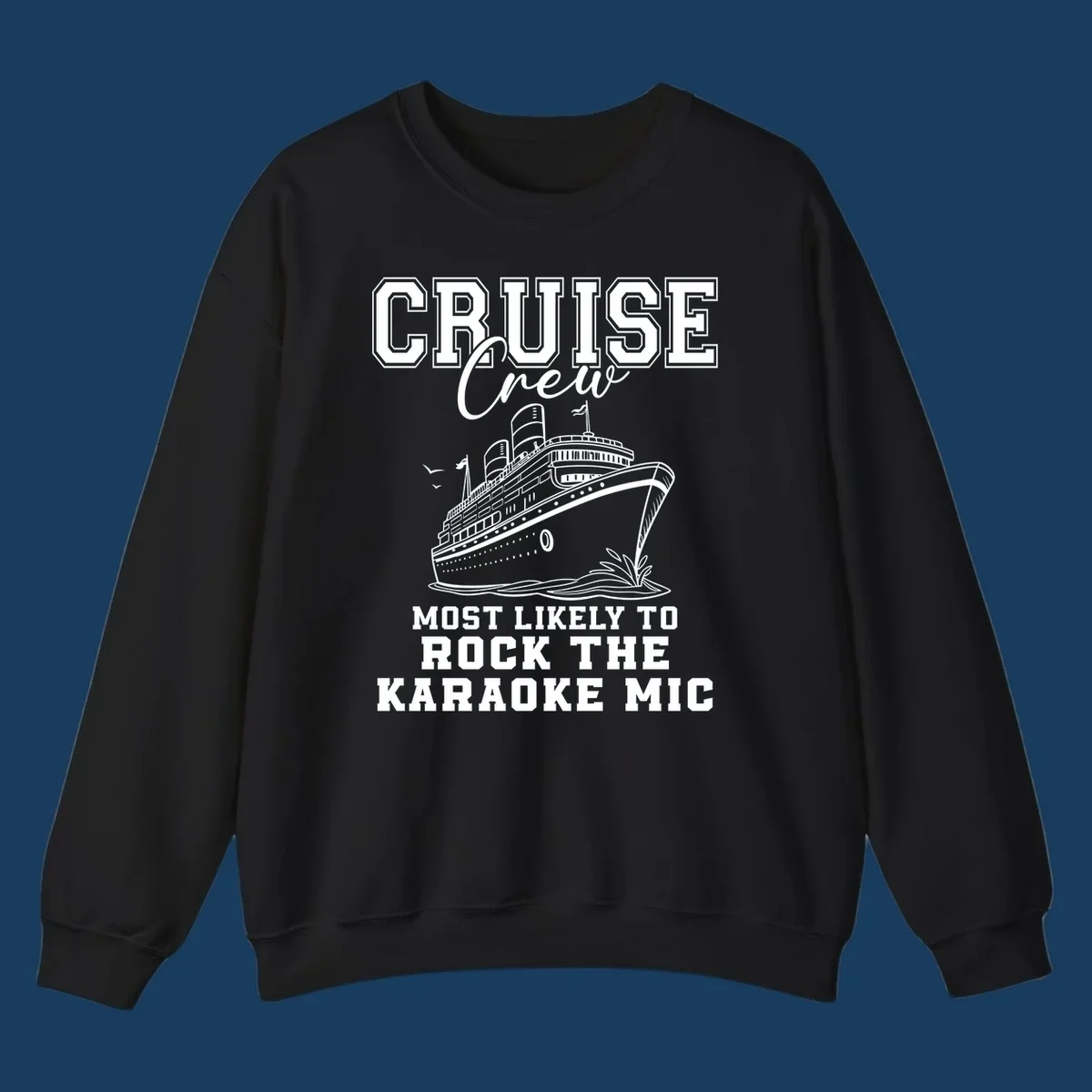 Cruise crew rocking the karaoke mic illustration with a cruise ship.