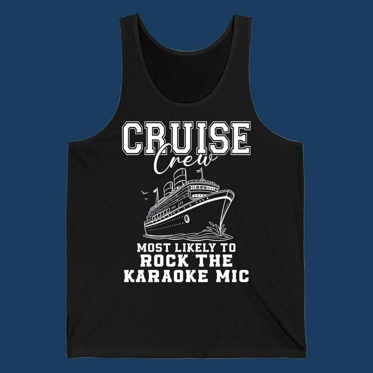 Cruise crew rocking the karaoke mic illustration with a cruise ship.