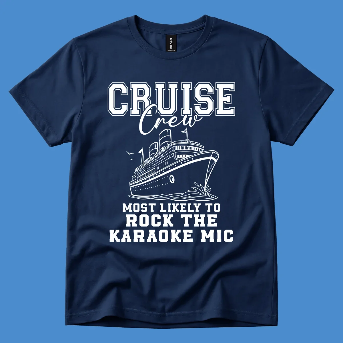 Cruise crew rocking the karaoke mic illustration with a cruise ship.