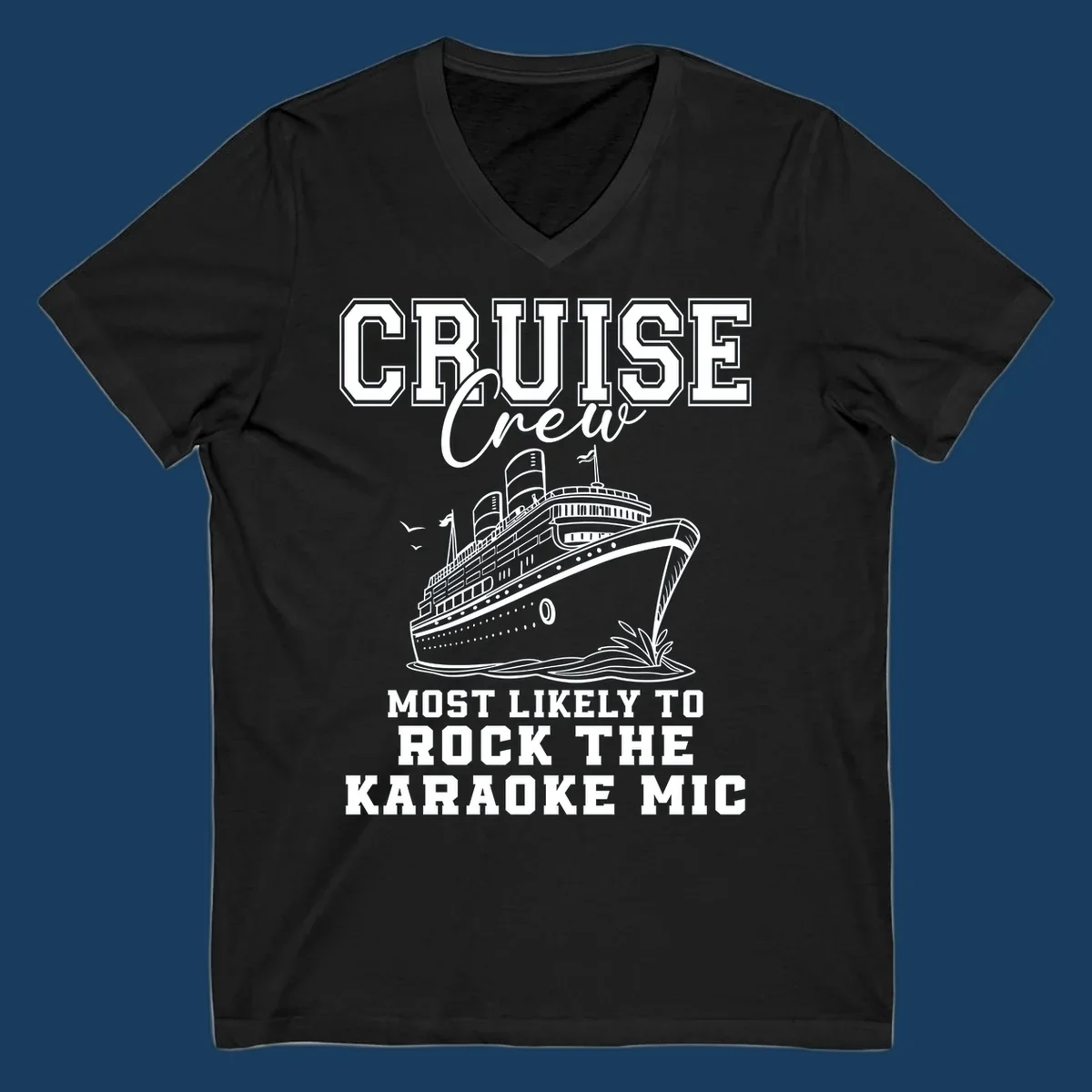 Cruise crew rocking the karaoke mic illustration with a cruise ship.
