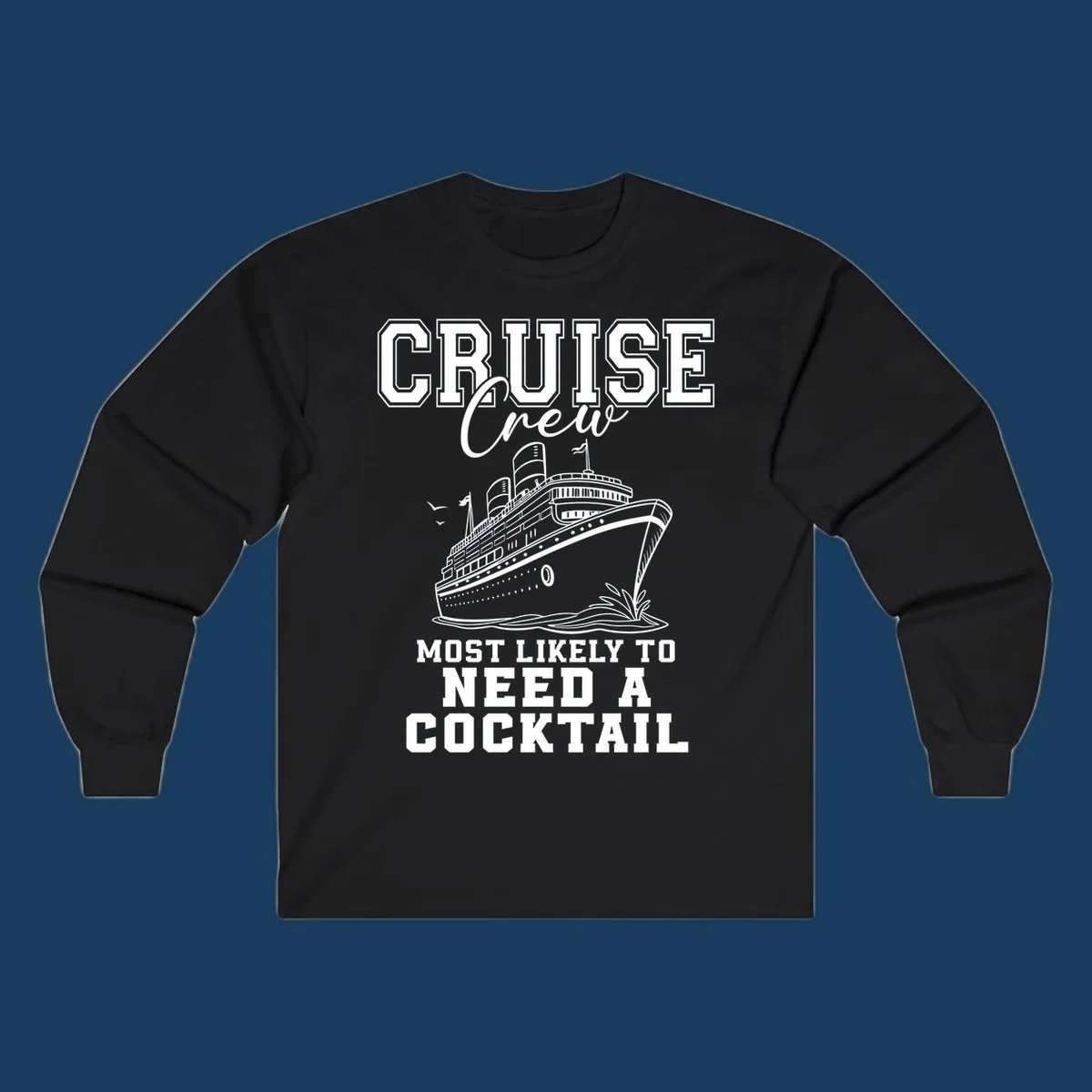Cruise crew most likely to need a cocktail design with text and cruise ship illustration.