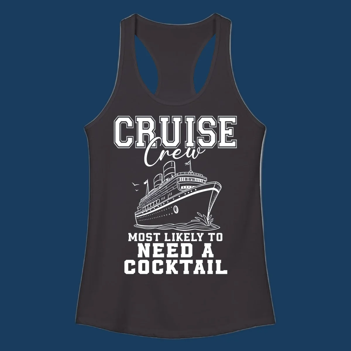 Cruise crew most likely to need a cocktail design with text and cruise ship illustration.