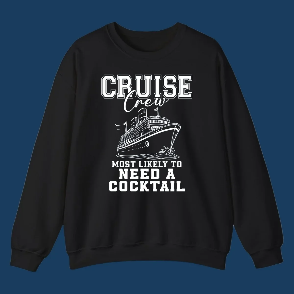 Cruise crew most likely to need a cocktail design with text and cruise ship illustration.