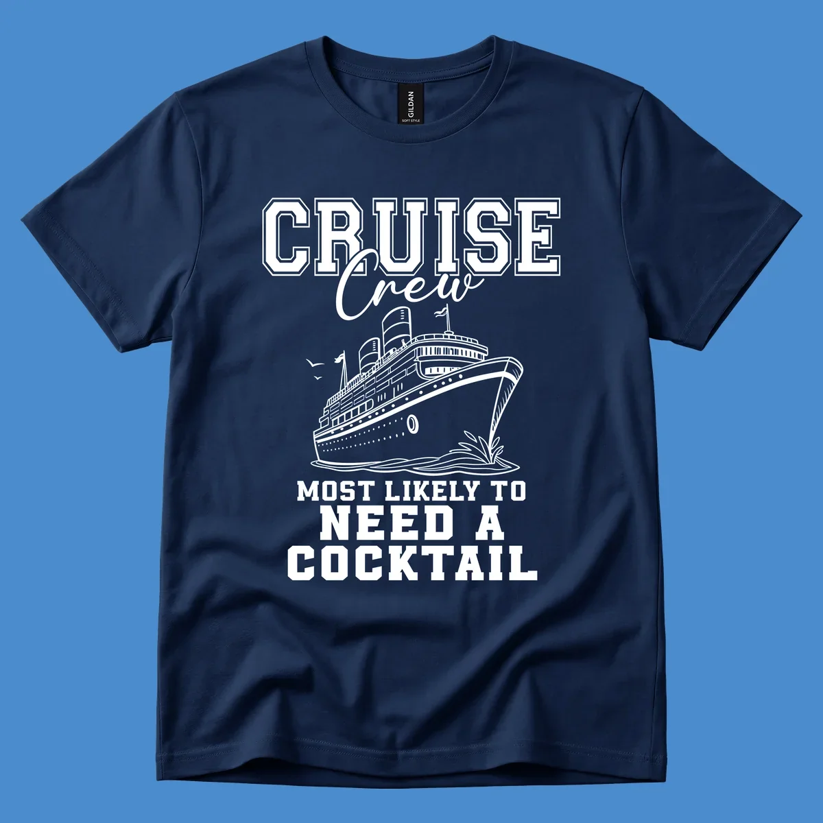 Cruise crew most likely to need a cocktail design with text and cruise ship illustration.