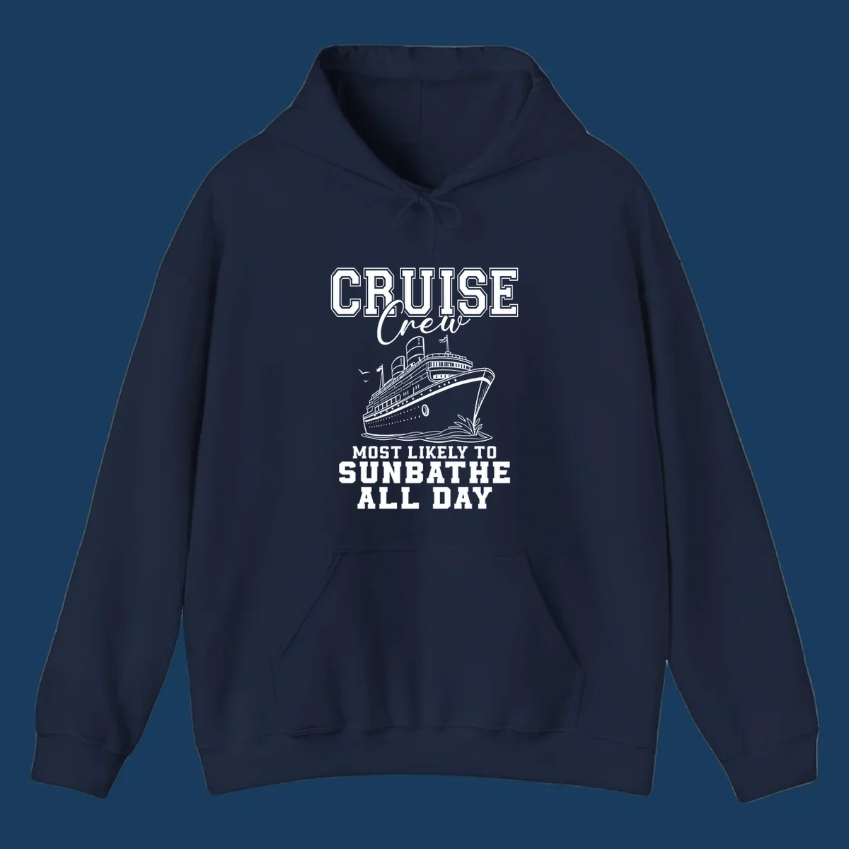 Cruise crew most likely to sunbathe all day text and illustration of a cruise ship.