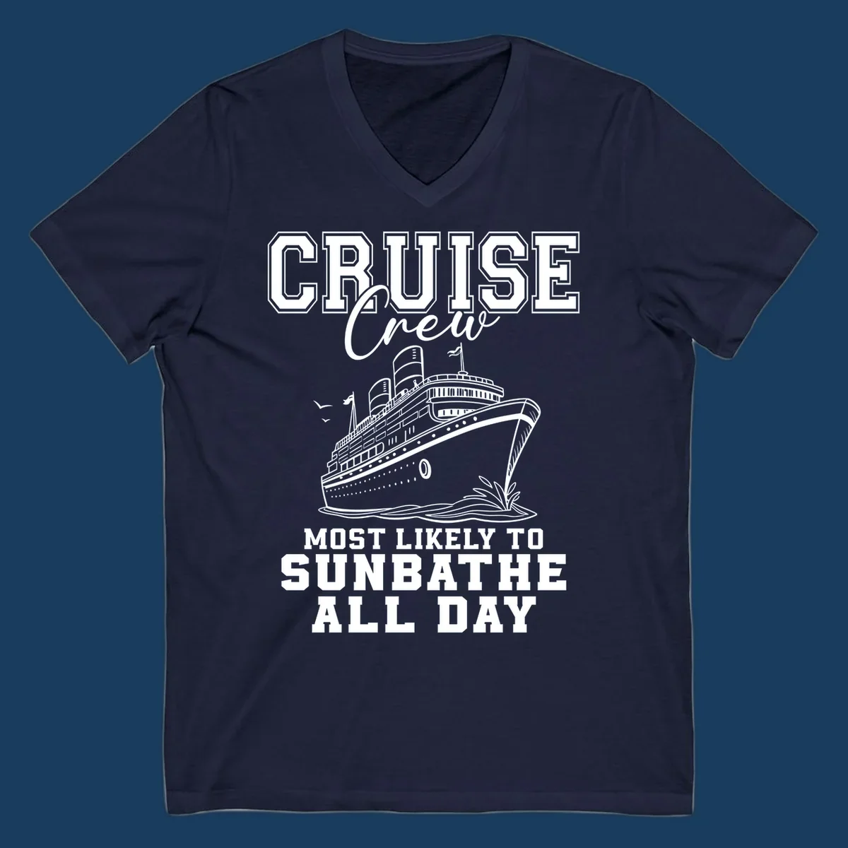 Cruise crew most likely to sunbathe all day text and illustration of a cruise ship.
