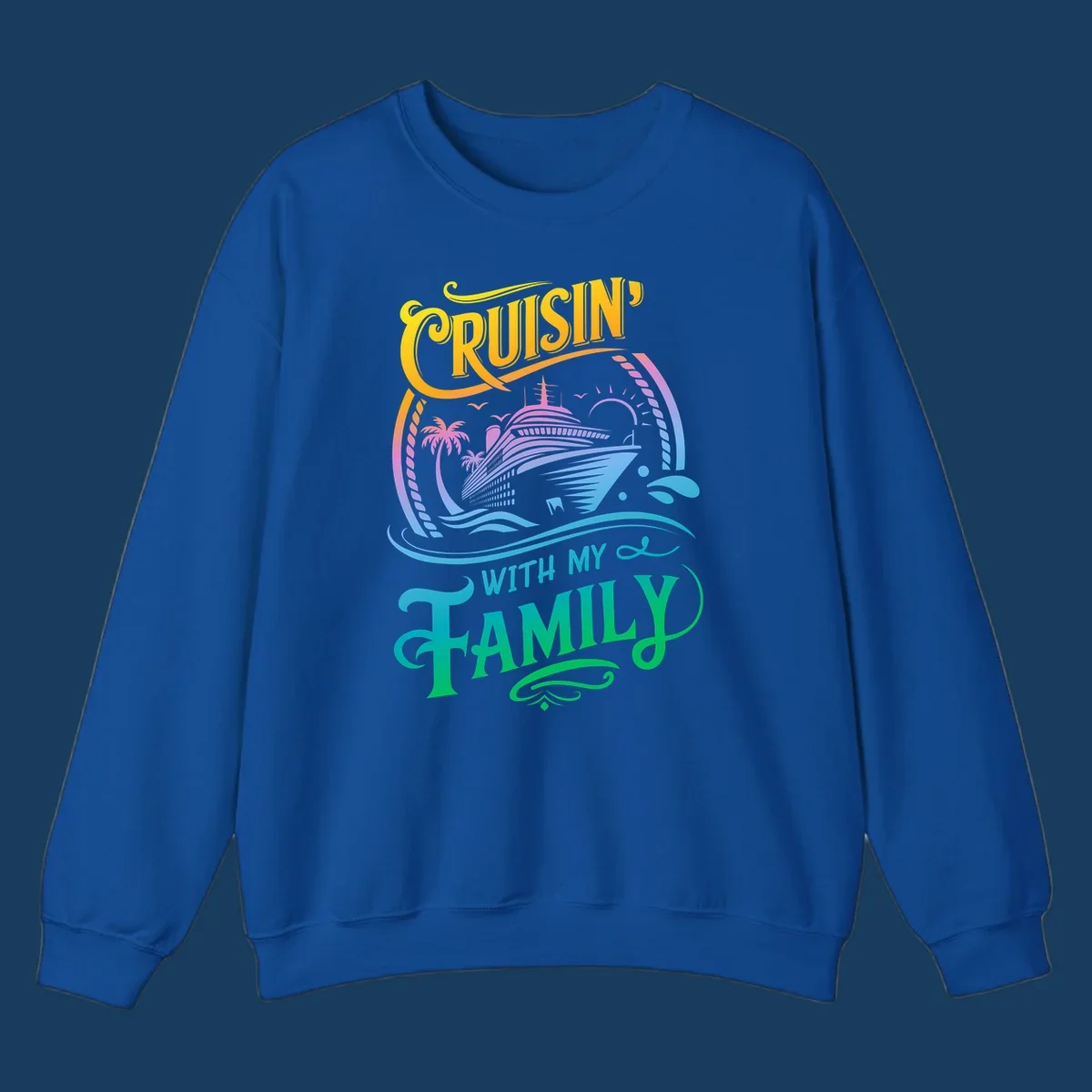 Cruisin With My Family text and cruise ship illustration with palm trees and sunset. Family cruise fun.